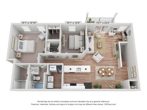 Floor plan for 2 beds, 2 baths, 1045 sqft